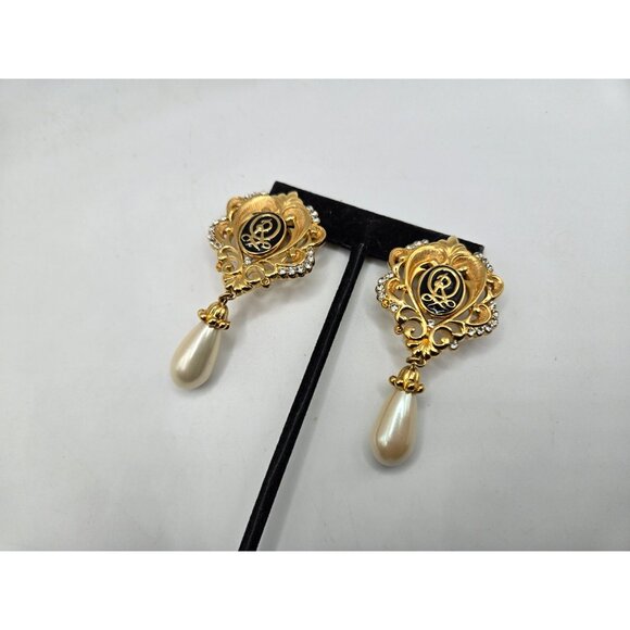Vintage OSCAR DE LA RENTA signed clip statement earrings 2.5" dangle pearl - Picture 5 of 8